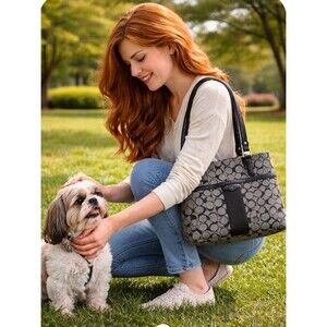 Coach Signature Stripe‎ Tote F32101 Black Gray Canvas Shoulder Commuter Work Bag